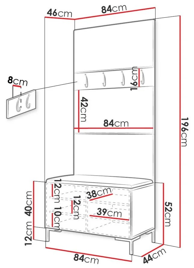 Σετ διαδρόμου Hartford F102, 196x84x46cm, 32 kg, Μαύρο, Ταπισερί, Πλαστικοποιημένη μοριοσανίδα, Εντοιχισμένη, Τοίχου | Epipla1.gr