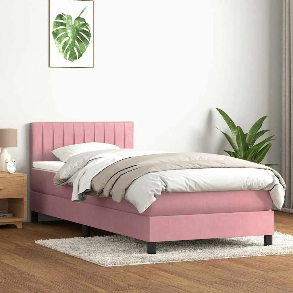 Κρεβάτι Boxspring με Στρώμα Ροζ 80x220 εκ. Βελούδινο - Ροζ