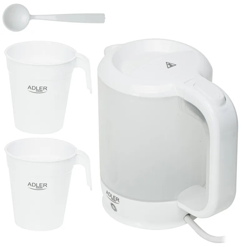 Ηλεκτρικός βραστήρας Adler AD 1381, 900W, 0.5 l, 2 φλιτζάνια και κουτάλα, Επίπεδο θερμαντικό στοιχείο, Προστασία υπερθέρμανσης, Λευκό