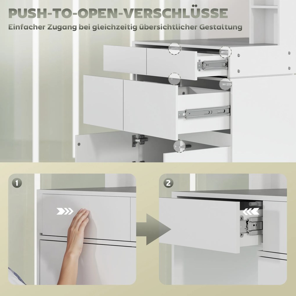 HOMCOM Τουαλέτα μακιγιάζ, τραπέζι μακιγιάζ με μεγάλο καθρέφτη, 4 συρτάρια, 3 ανοιχτά ράφια, 2 ντουλάπια, MDF, λευκό