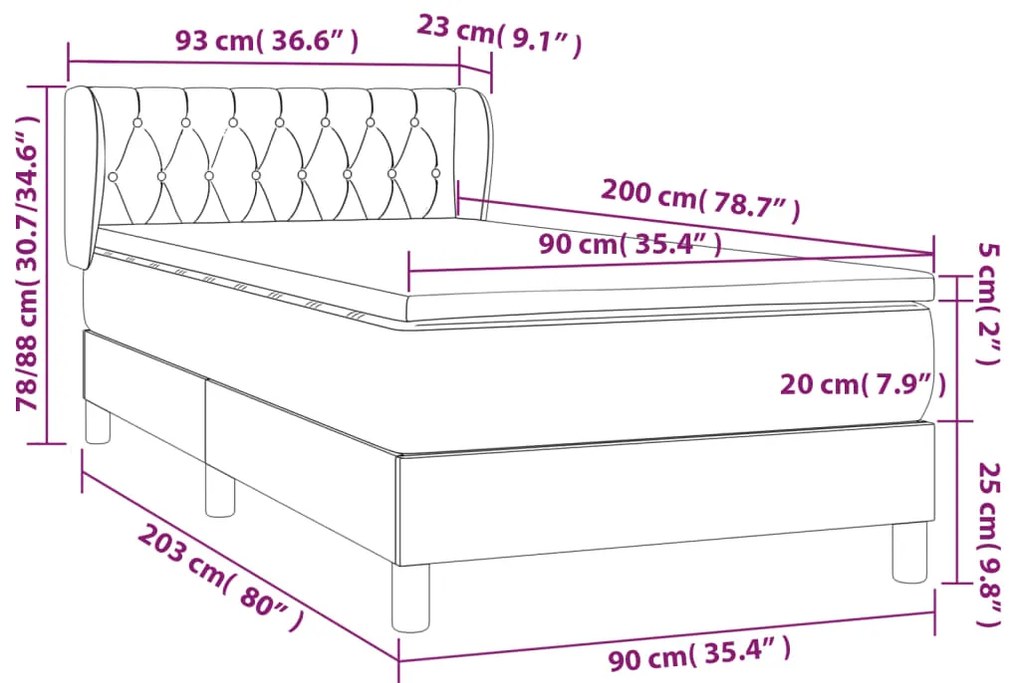 vidaXL Κρεβάτι Boxspring με Στρώμα Κρεμ 90x200 εκ.Υφασμάτινο