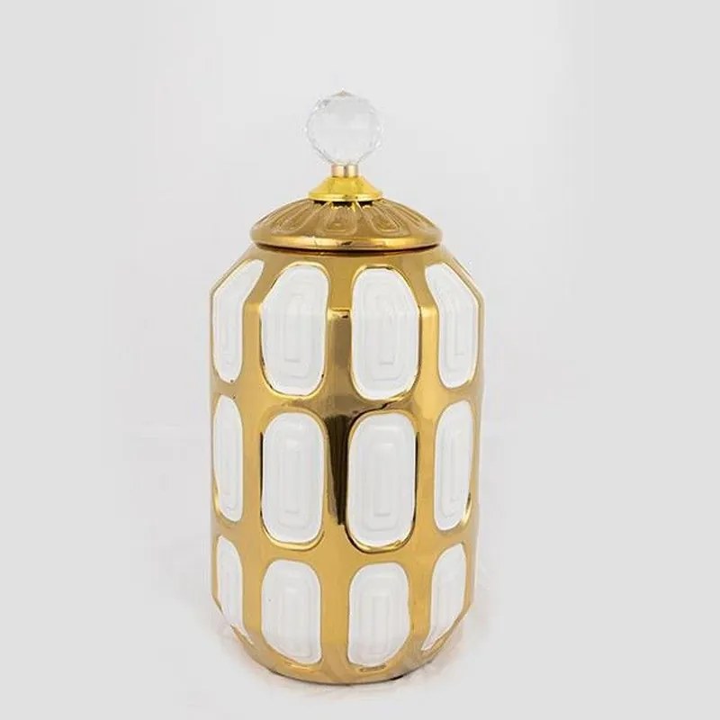 Βάζο Κεραμικό Με Καπάκι 752-20027 15x15x25.3cm Gold-White Estheti Home Κεραμικό