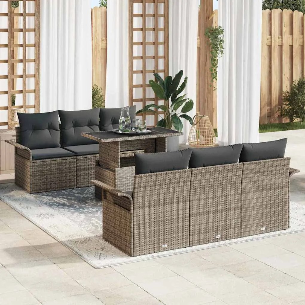 vidaXL Σετ Καναπέ Κήπου με μαξιλάρι 7 pcs Γκρι Πολυ ράταν
