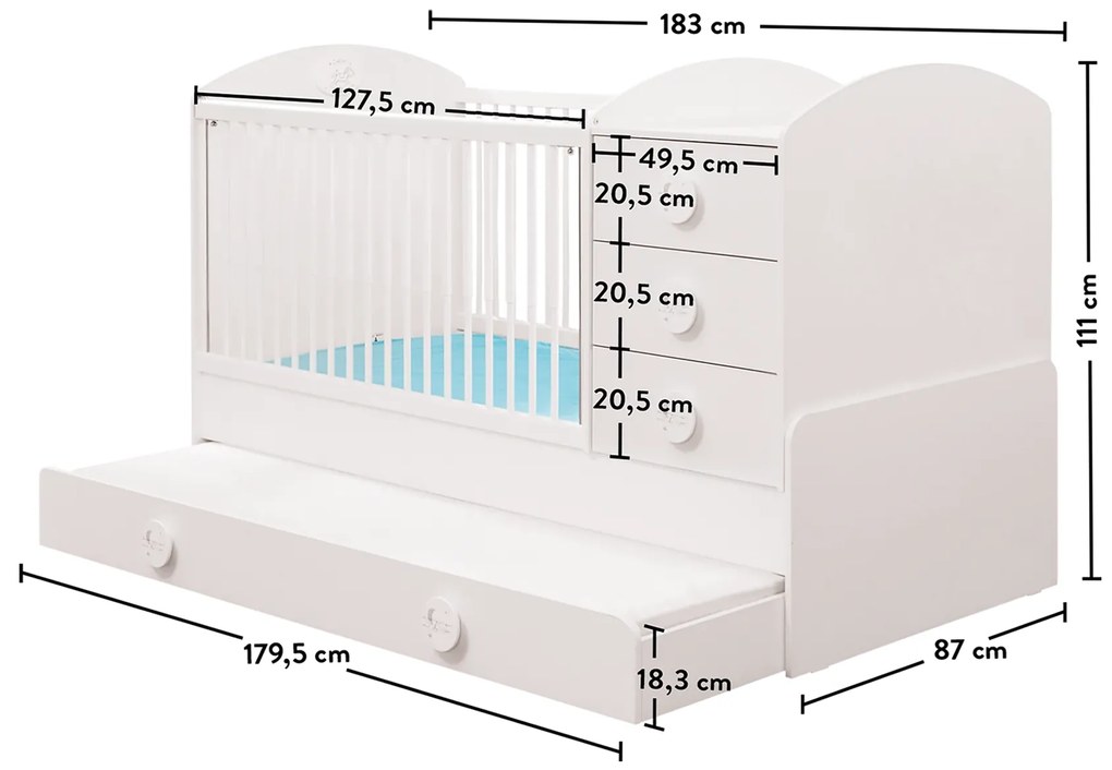 Βρεφική πολυμορφική κούνια BABY COTTON with Telescopic Rail  Λευκό χρώμα  CO-1015  80x180εκ.  Cilek