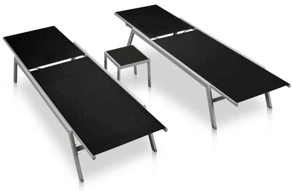 Ξαπλώστρες 2 τεμ. Μαύρες από Ατσάλι / Textilene με Τραπέζι - Μαύρο
