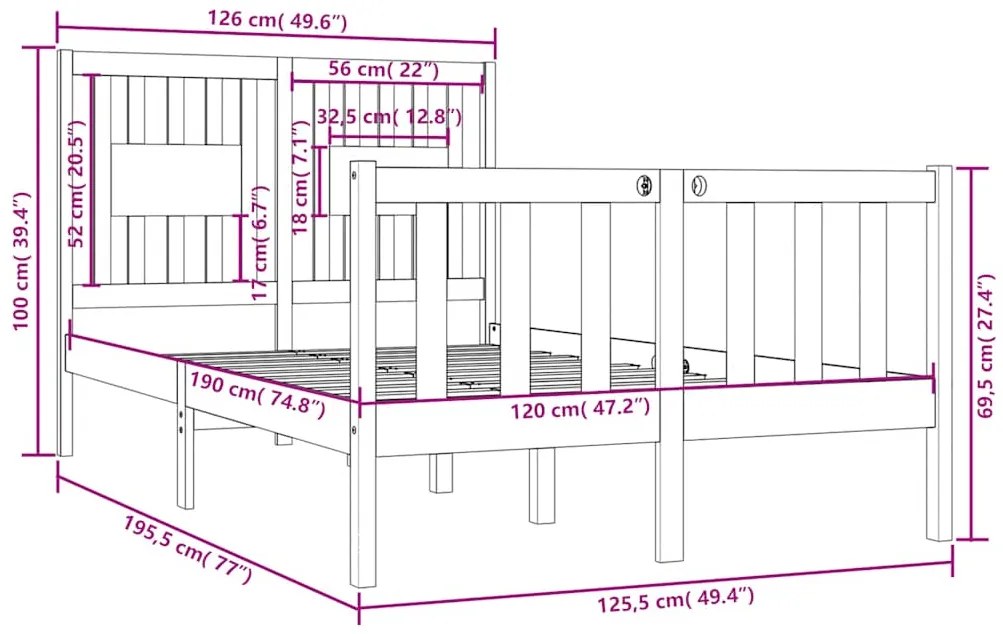 vidaXL Πλαίσιο Κρεβατιού 120 x 190 εκ. από Μασίφ Ξύλο Small Double