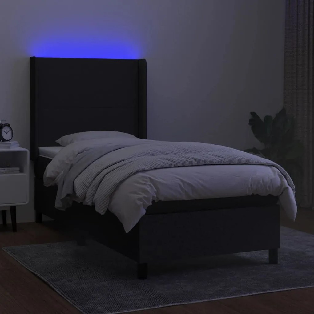 Κρεβάτι Boxspring με Στρώμα &amp; LED Μαύρο 90x200 εκ. Υφασμάτινο - Μαύρο