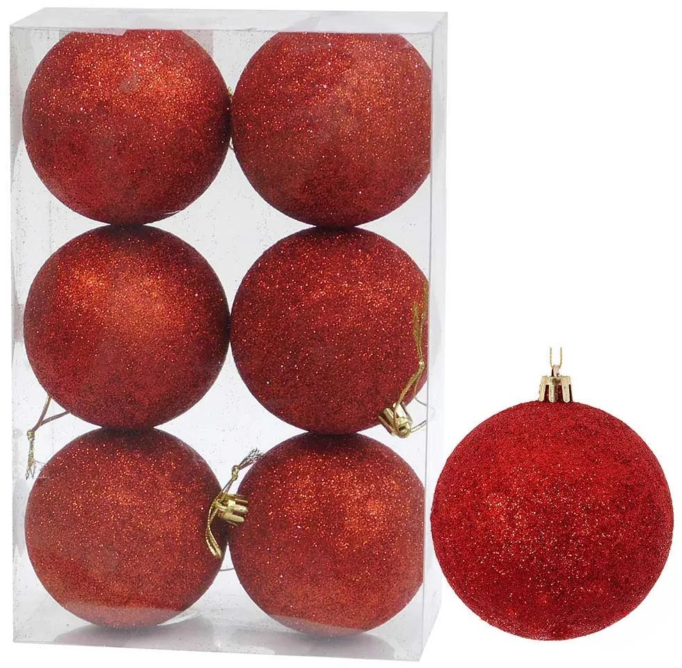 Set/6 τεμ Χριστουγεννιάτικες Μπάλες Κόκκινες Glitter 8cm 235997