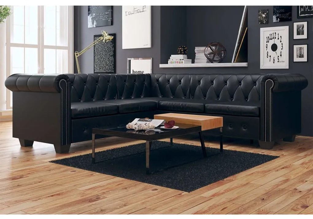 vidaXL Γωνιακός Καναπές Chesterfield 5 Θέσεων Μαύρος από Συνθετικό Δέρμα