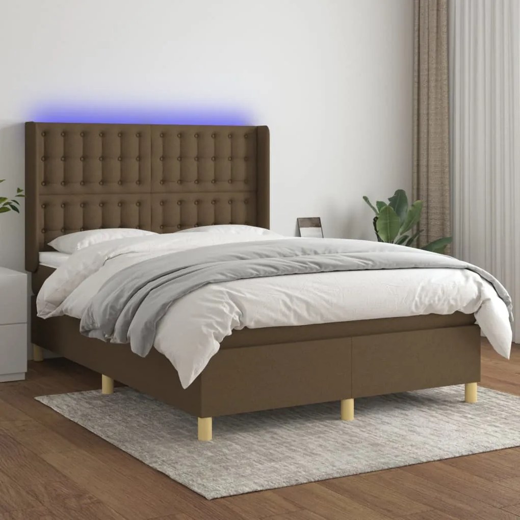 vidaXL Κρεβάτι Boxspring με Στρώμα &amp; LED Σκ.Καφέ 140x190εκ. Υφασμάτινο