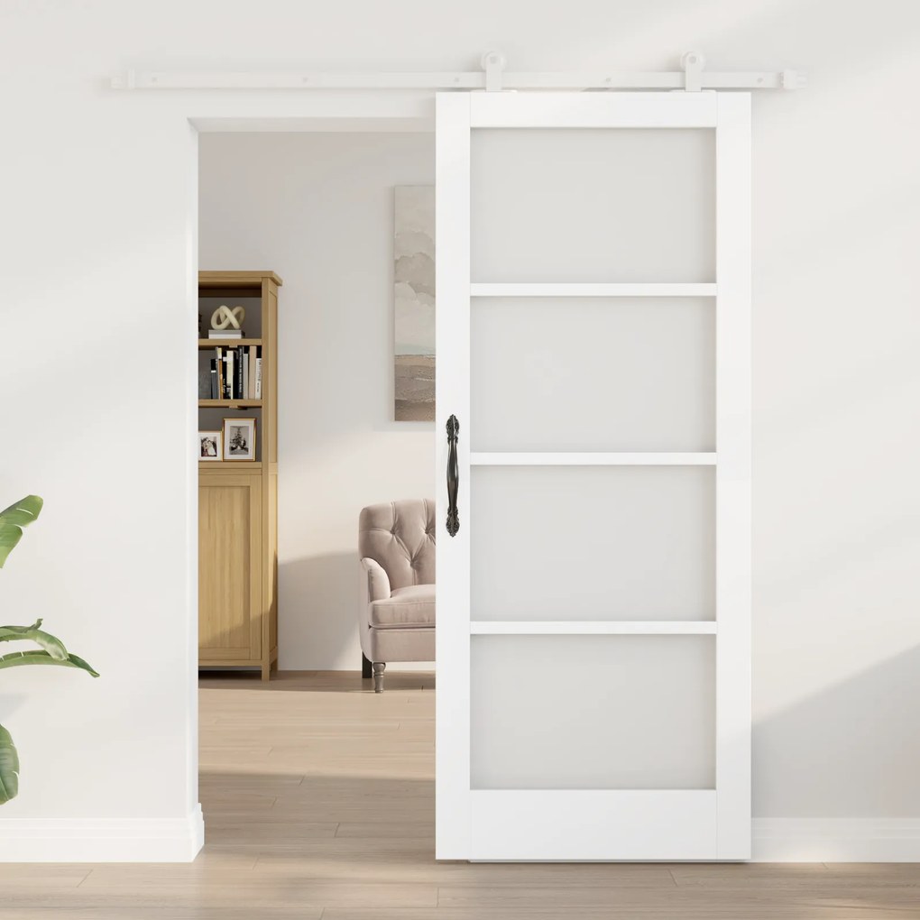 vidaXL Συρόμενη Πόρτα με Σετ Εξαρτημάτων 'ORKDAL' Λευκή Μασίφ Ξύλου & Γυαλί