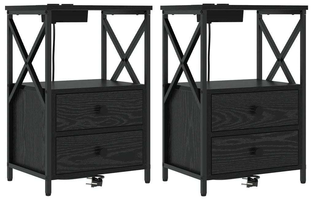 vidaXL Κομοδίνο με Σταθμό Φόρτισης 2 pcs Μαύρη δρυς Επεξεργασμένο ξύλο