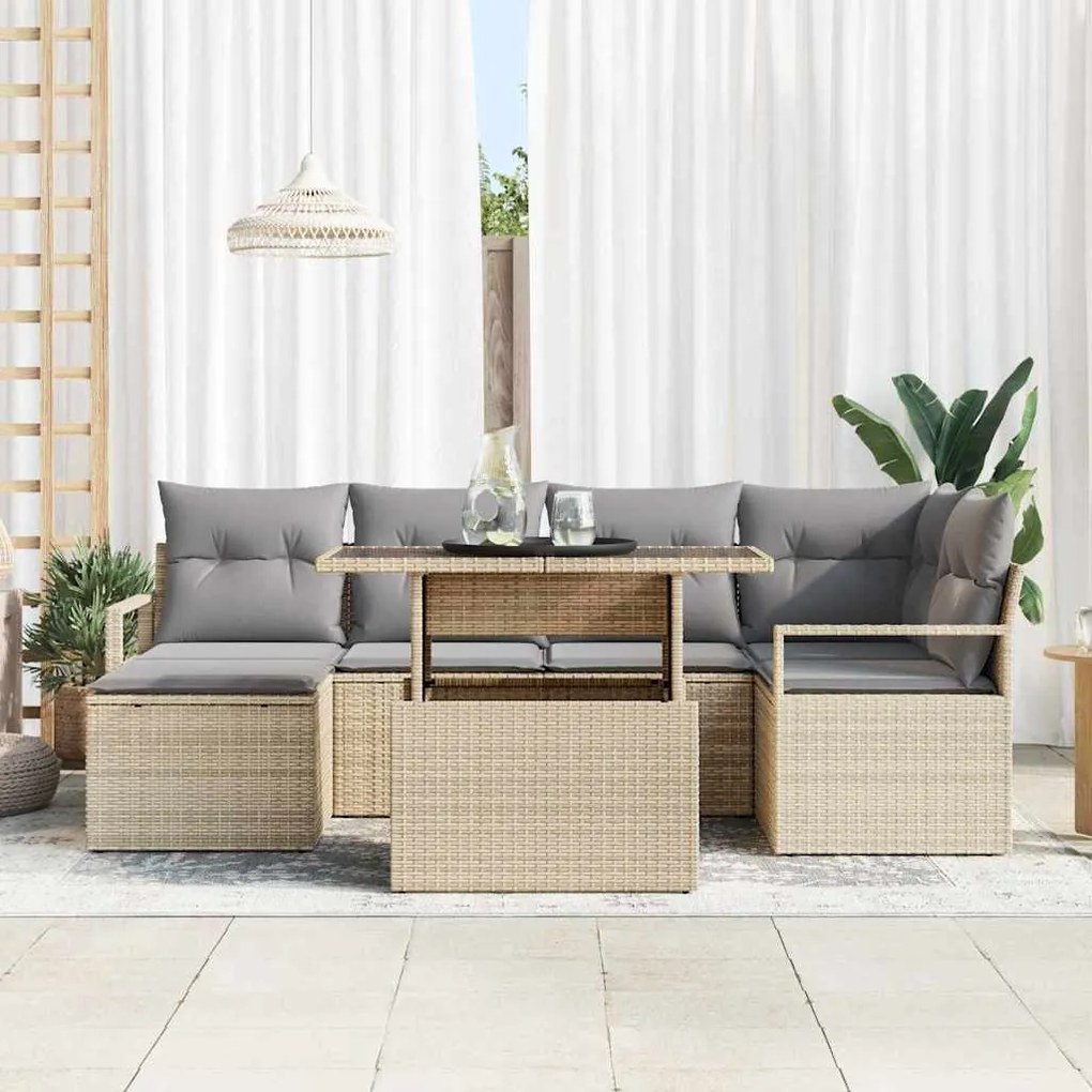 vidaXL Σετ Καναπέ Κήπου με μαξιλάρι 7 pcs μπεζ και ανοιχτό γκρι