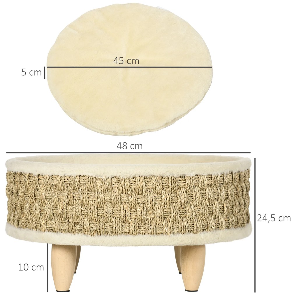 Κρεβάτι κατοικίδιου PawHut για γάτες και σκύλους, σχοινί θαλάσσης, πλενόμενο μαξιλάρι, 48 cm x 48 cm x 24,5 cm, Μπεζ + Χακί - Φυσικό