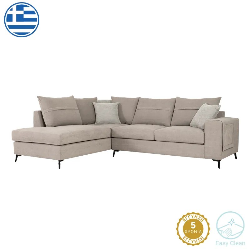 Γωνιακός καναπές δεξιά γωνία Montana pakoworld γκρι-μπεζ ύφασμα με μαξιλάρια σε απόχρωση ανοιχτό γκρι 275x215x93εκ