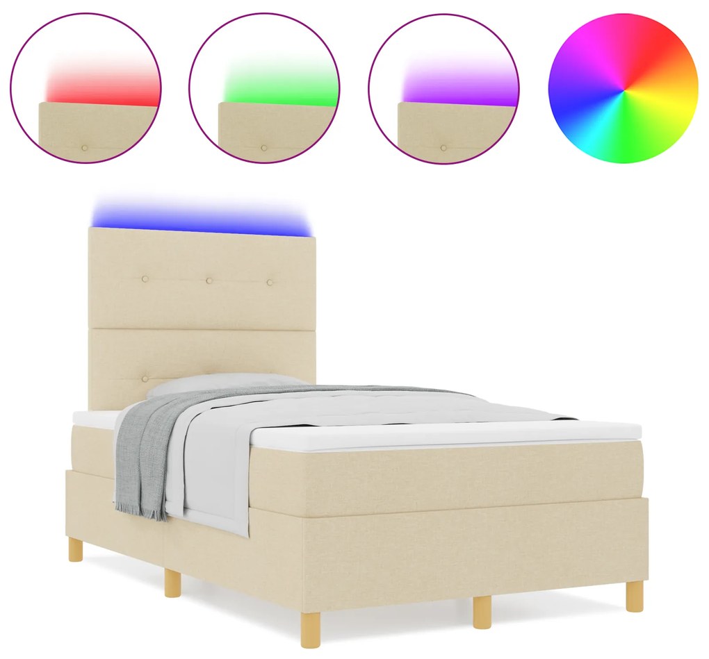 vidaXL Κρεβάτι Box Spring με Στρώμα & LED Κρεμ 120x200 εκ Υφασμα