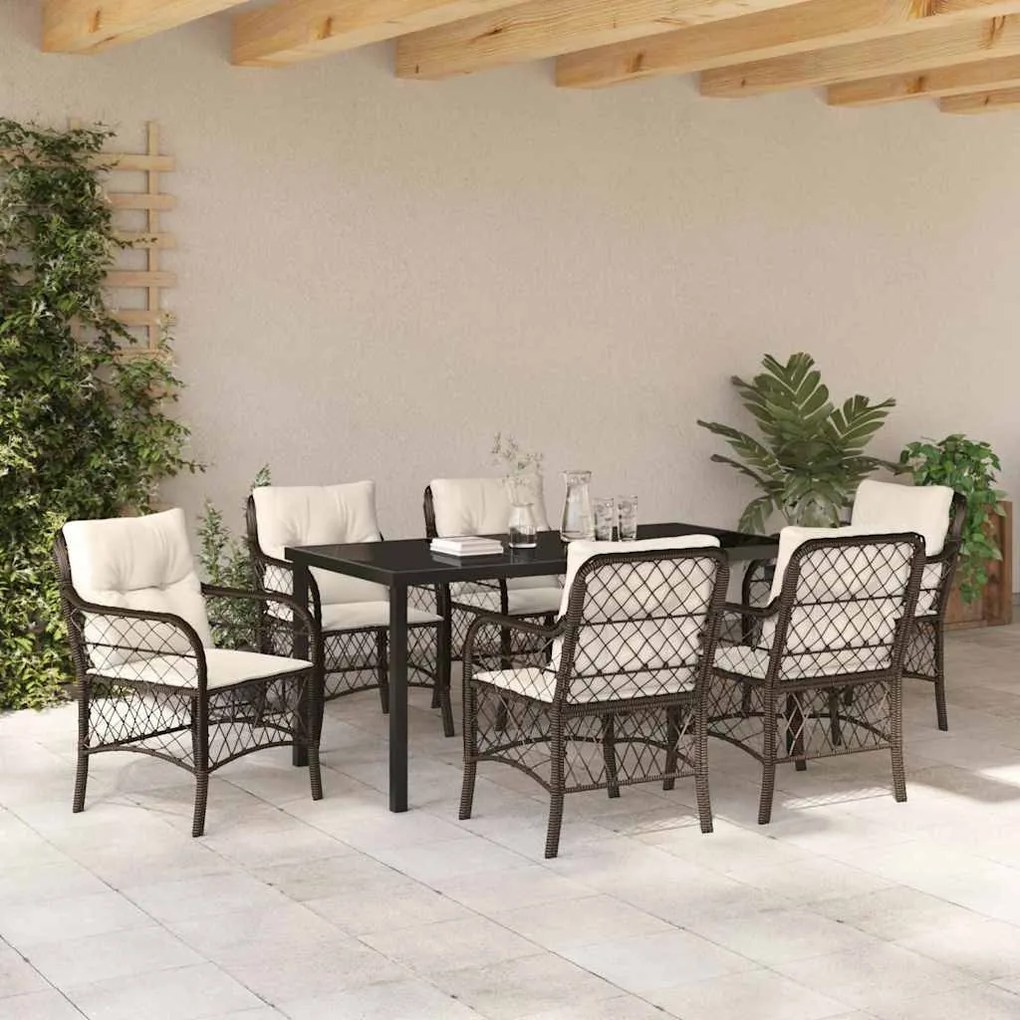 vidaXL Σέτ φαγητού για κήπο με μαξιλάρι 7 pcs Καφέ Πολυ ράταν
