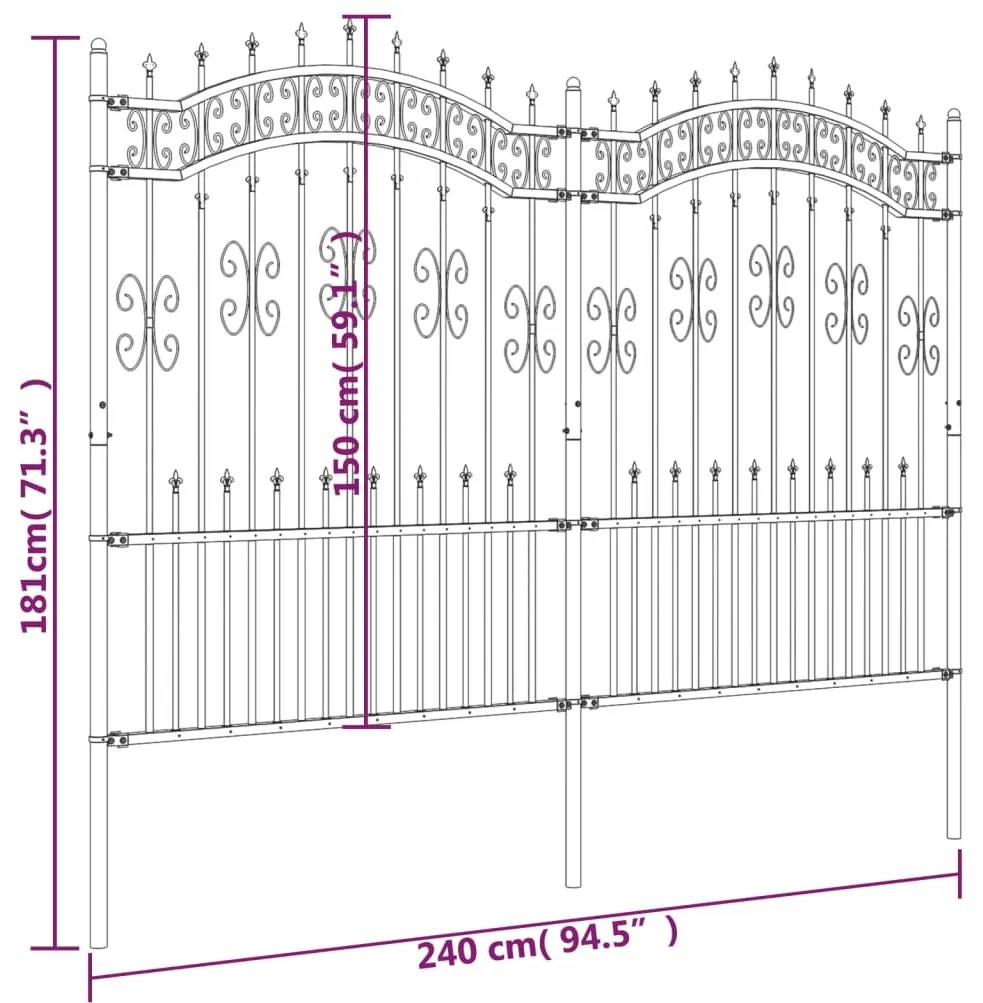vidaXL Φράχτης Κήπου με Κορυφή Δόρυ Μαύρος 240x150 εκ. από Ατσάλι με Ηλεκτροστατική Βαφή