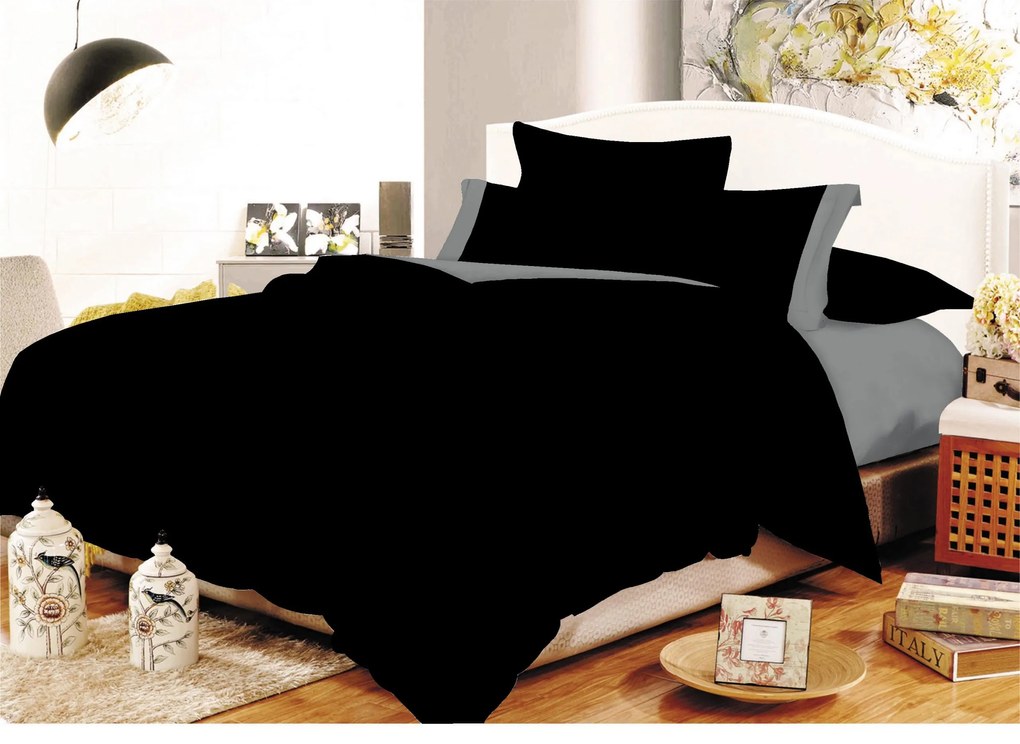 Σετ Σεντόνια Με Φάσα Polycotton Διπλά 200x240εκ. Black -Grey Komvos Home 7001105-1