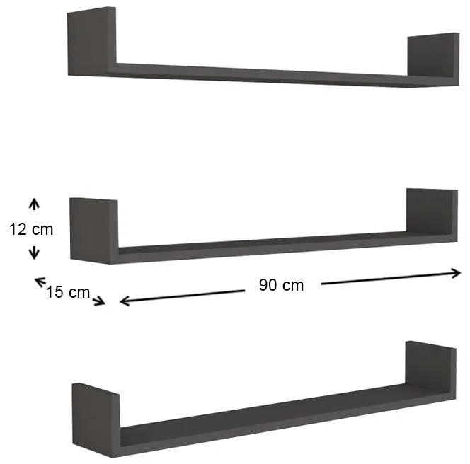 Ραφιέρα τοίχου Tyrion Megapap 3 τεμαχίων χρώμα ανθρακί 90x15x12εκ.