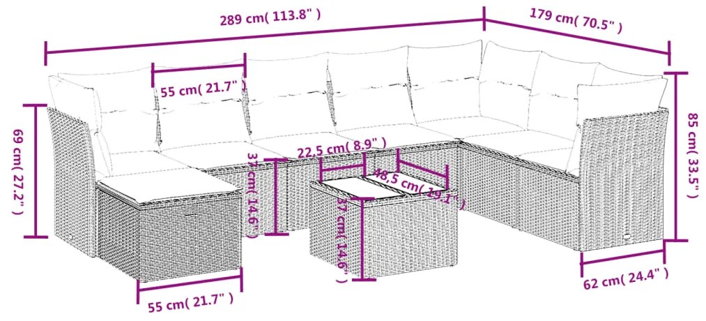 vidaXL Σαλόνι Κήπου Σετ 9 τεμ. Μπεζ Συνθετικό Ρατάν με Μαξιλάρια