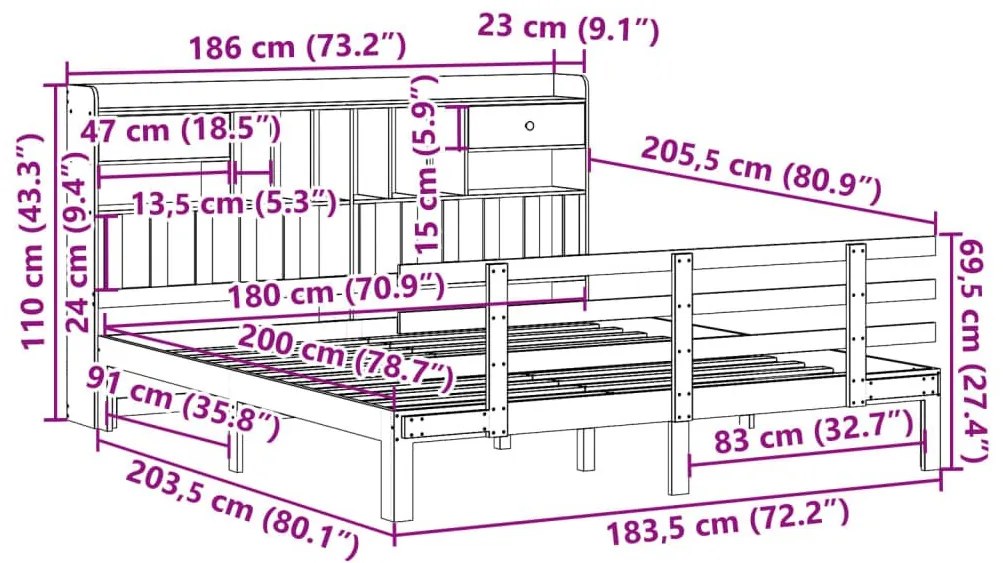 Κρεβάτι Βιβλιοθήκη Χωρίς Στρώμα 180x200 εκ Μασίφ Ξύλο Πεύκου - Καφέ