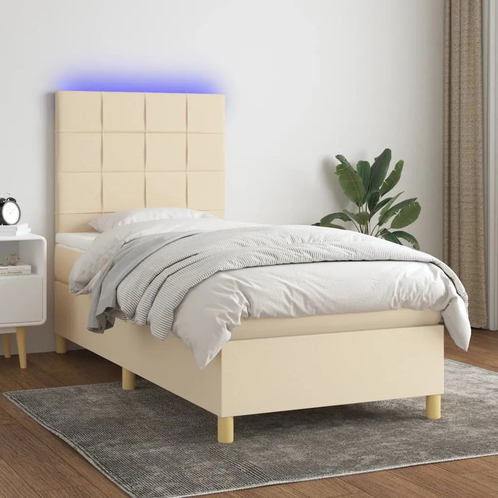 ΚΡΕΒΑΤΙ BOXSPRING ΜΕ ΣΤΡΩΜΑ &amp; LED ΚΡΕΜ 90X200 ΕΚ. ΥΦΑΣΜΑΤΙΝΟ 3135410