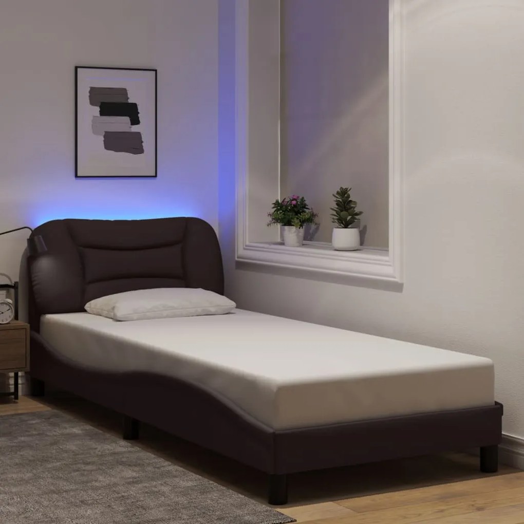 vidaXL Πλαίσιο Κρεβατιού με LED Σκούρο Καφέ 90x190 εκ. Υφασμάτινο