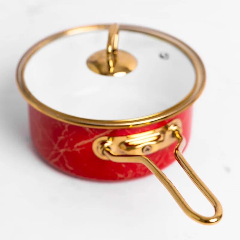 Κατσαρόλα με γυάλινο καπάκι Goldmann GM 4521-16R, 16x8 cm, 1.5L, Σμάλτο, Επαγωγή, Κόκκινο/Αρχαίο Χρυσό