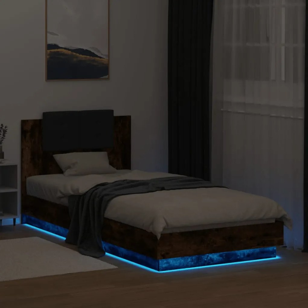 vidaXL Πλαίσιο Κρεβατιού με Κεφαλάρι/LED Καπν. Δρυς 90x200 εκ.