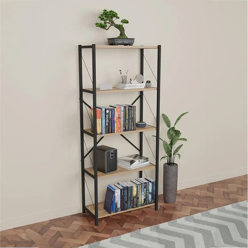 Βιβλιοθήκη Draizy oak μελαμίνης-μαύρο μέταλλο 60x30x150εκ 63x30x150 εκ.