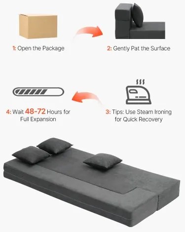 VEVOR Folding Sofa Bed 3-in-1 Foldable Couch Bed with 3 Pillows Dark Grey Twin