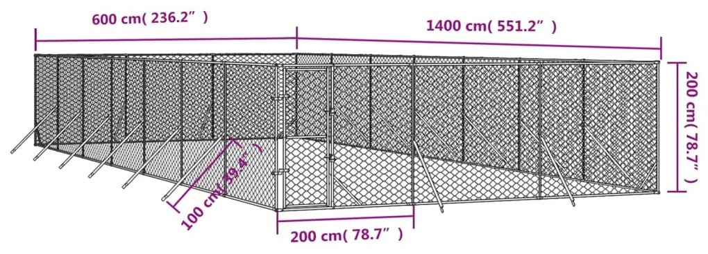 vidaXL Κλουβί Σκύλου Εξωτερ. Χώρου Ασημί 6x14x2 μ. από Γαλβαν. Ατσάλι