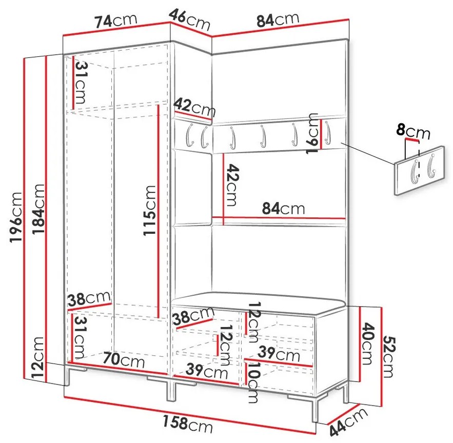 Σετ διαδρόμου Hartford F100, 196x158x44cm, 85 kg, Άσπρο, Ταπισερί, Πλαστικοποιημένη μοριοσανίδα, Τοίχου, Εντοιχισμένη | Epipla1.gr