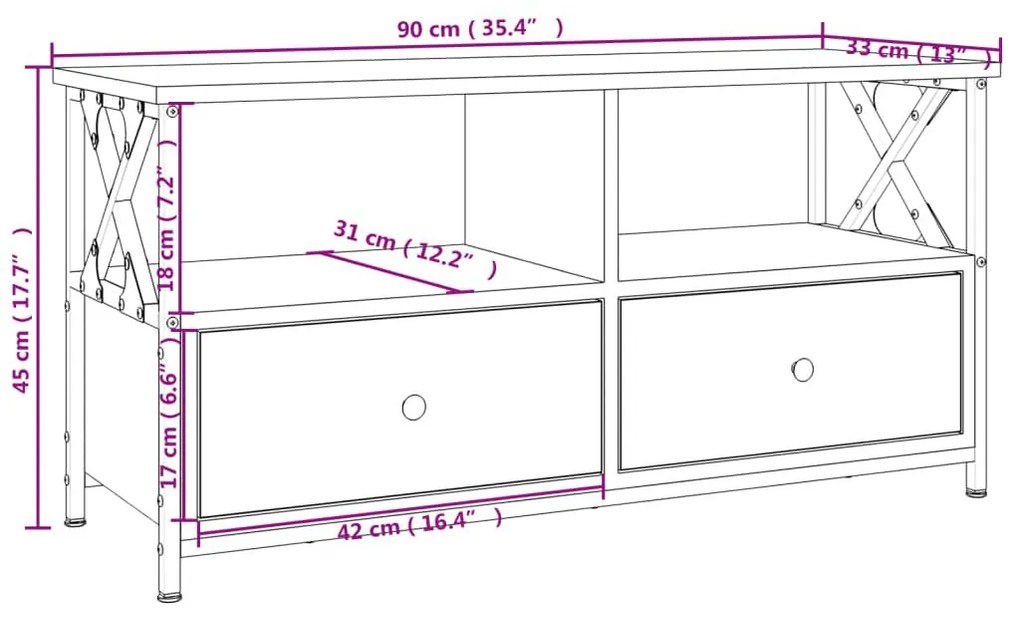 Έπιπλο Τηλεόρασης Καφέ Δρυς 90x33x45 εκ. Επεξ. Ξύλο/Σίδερο - Καφέ