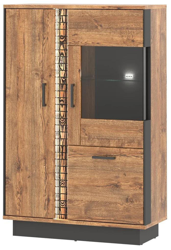 Βιτρίνα Orlando T104, 95x145x40cm, April δρυς, Μαύρο, Πλαστικοποιημένη μοριοσανίδα, Επεξεργασμένο γυαλί, Ινοσανίδες μέσης πυκνότητας, Με πόρτες, Καφέ