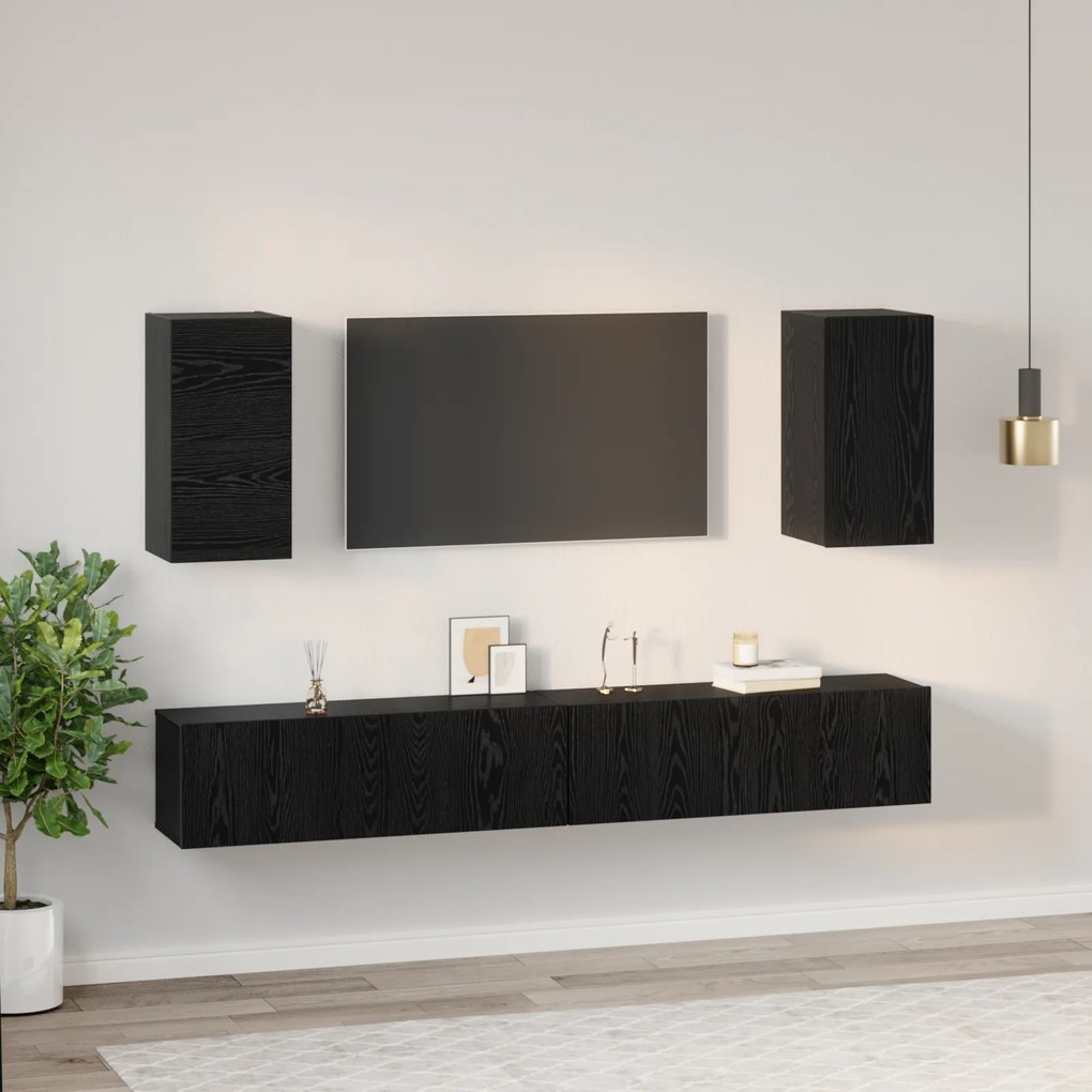 vidaXL Τηλεοπτική Κάβα Τοίχου 6 pcs Μαύρη Δρυς Επεξεργασμένο ξύλο