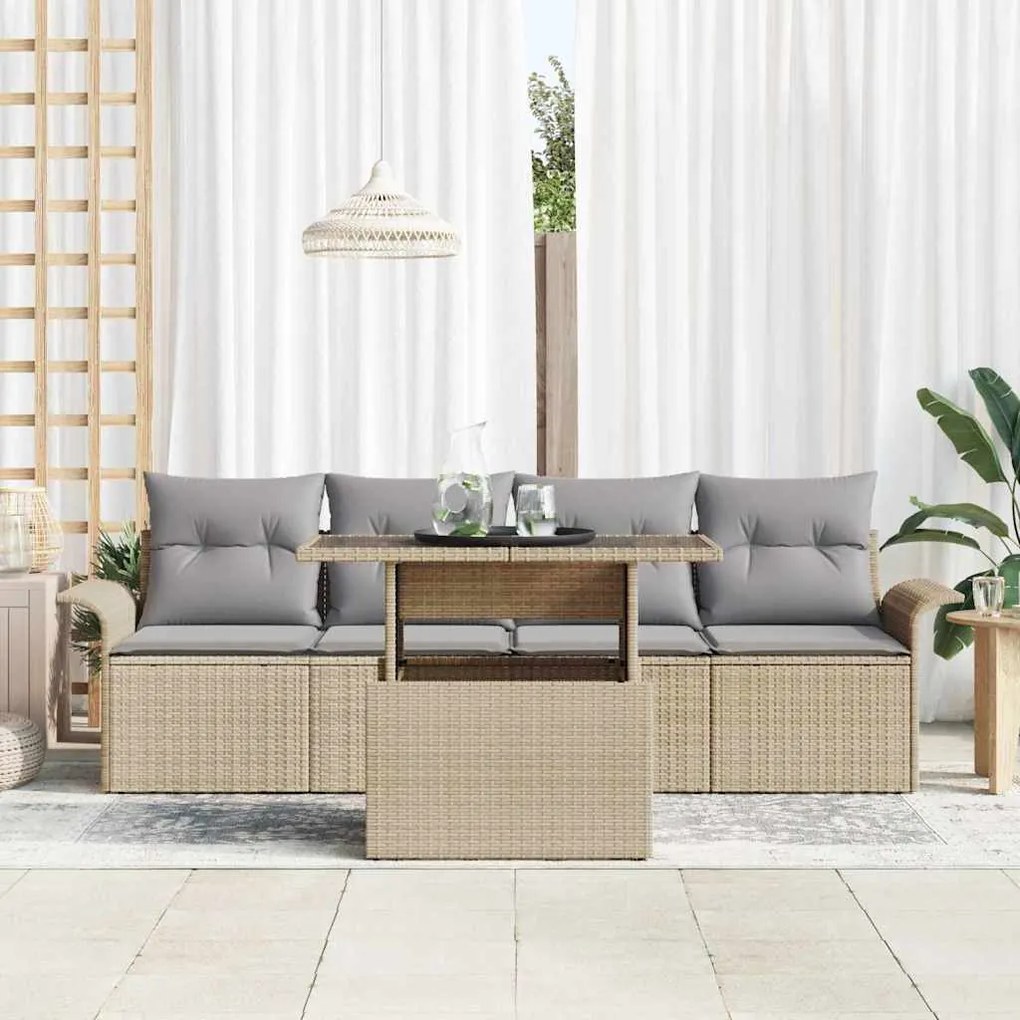 vidaXL Σετ Καναπέ Κήπου με μαξιλάρι 5 pcs Μπεζ Πολυ ράταν