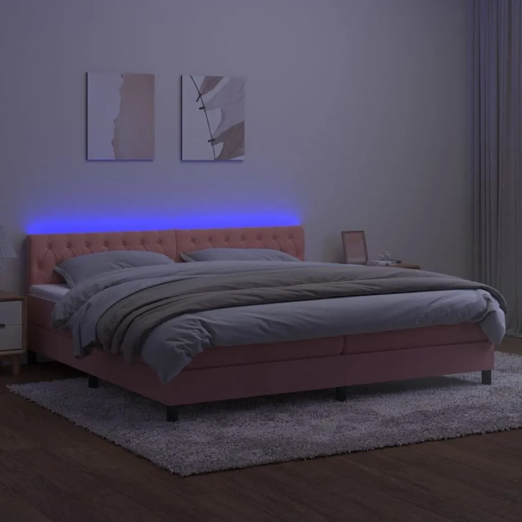 Κρεβάτι Boxspring με Στρώμα &amp; LED Ροζ 200x200 εκ. Βελούδινο - Ροζ