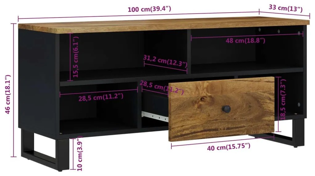 Έπιπλο Τηλεόρασης 100x33x46 εκ. Μασίφ Ξύλο Μάνγκο &amp; Επεξ. Ξύλο - Καφέ