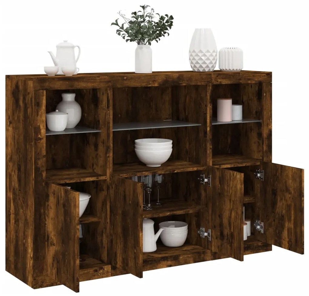 Ντουλάπια με Φώτα LED 3 τεμ. Καπνιστή Δρυς Επεξεργασμένο Ξύλο