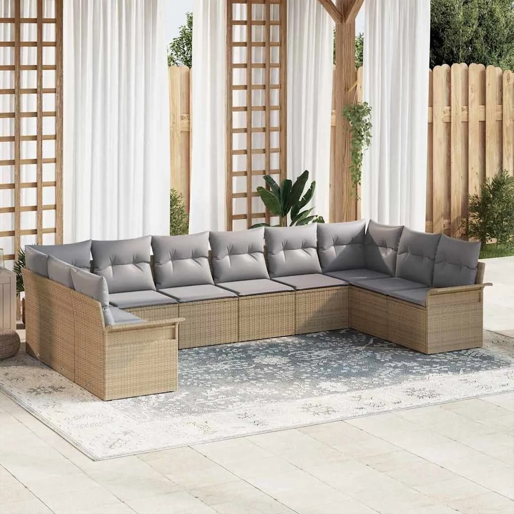 vidaXL Σετ Καναπέ Κήπου με μαξιλάρι 10 pcs Μπεζ Πολυ ράταν