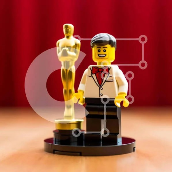 Intra Συλλεκτικό Ξύλινο Παζλ Plywood  4mm - Φιγούρα Lego στην Τελετή Απονομής με Άγαλμα Όσκαρ Σε Ξύλινο Κουτί - Διαστάσεις Puzzle: 10x10 cm – 25 κομμάτια
