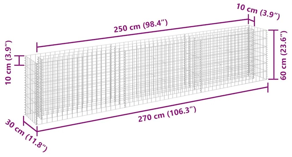 vidaXL Συρματοκιβώτιο-Γλάστρα Υπερυψωμένη 270x30x60 εκ. Γαλβ. Χάλυβας