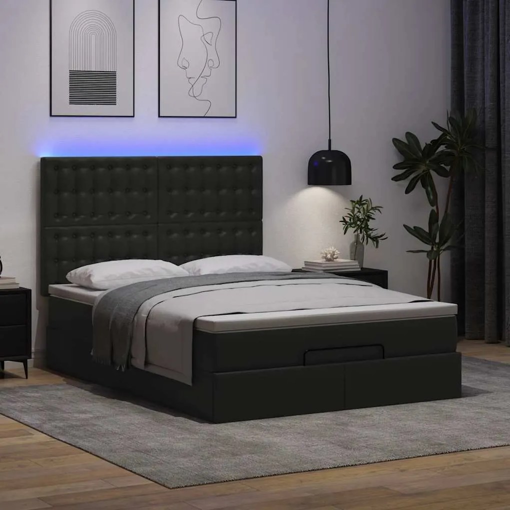 vidaXL Οθωμανικό κρεβάτι με στρώμα & LEDs Μαύρο Συνθετικό δέρμα