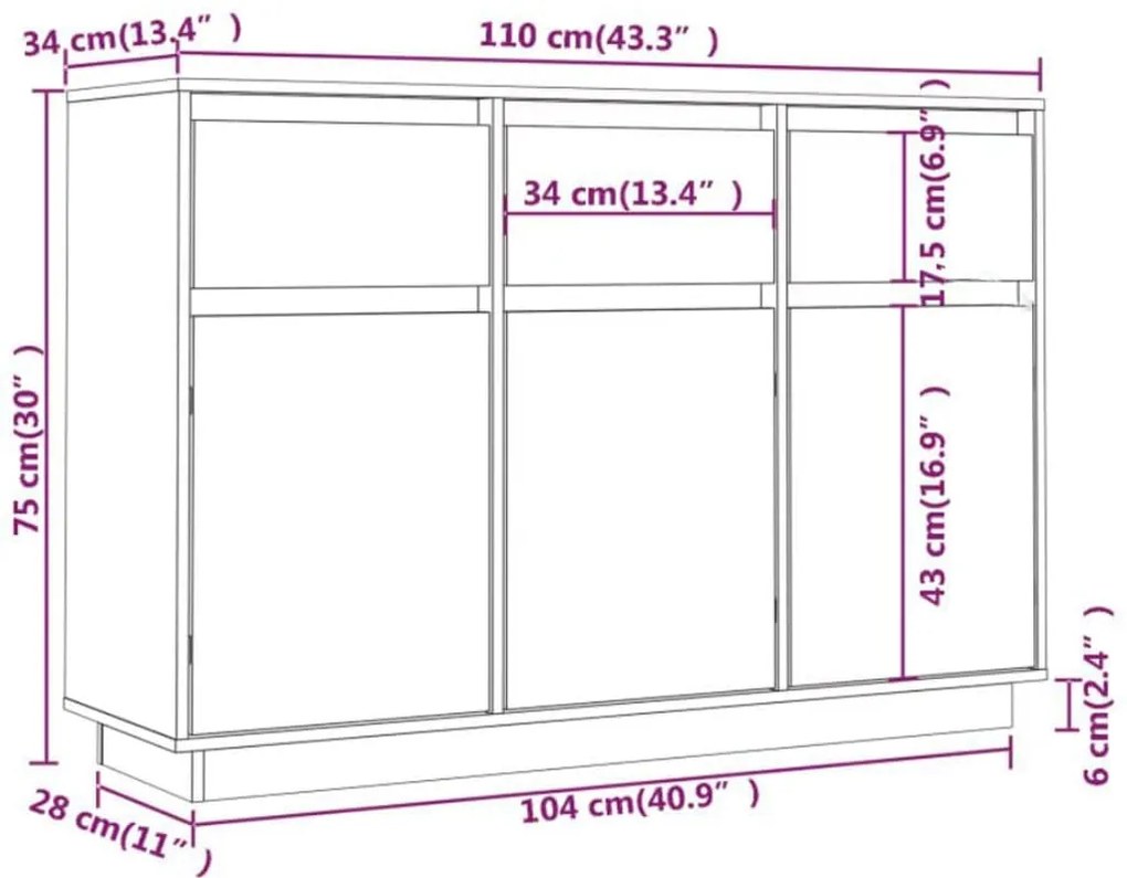 Μπουφές Λευκός 110 x 34 x 75 εκ. από Μασίφ Ξύλο Πεύκου - Λευκό