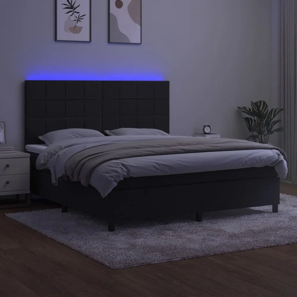 Κρεβάτι Boxspring με Στρώμα &amp; LED Μαύρο 160x200 εκ. Βελούδινο - Μαύρο