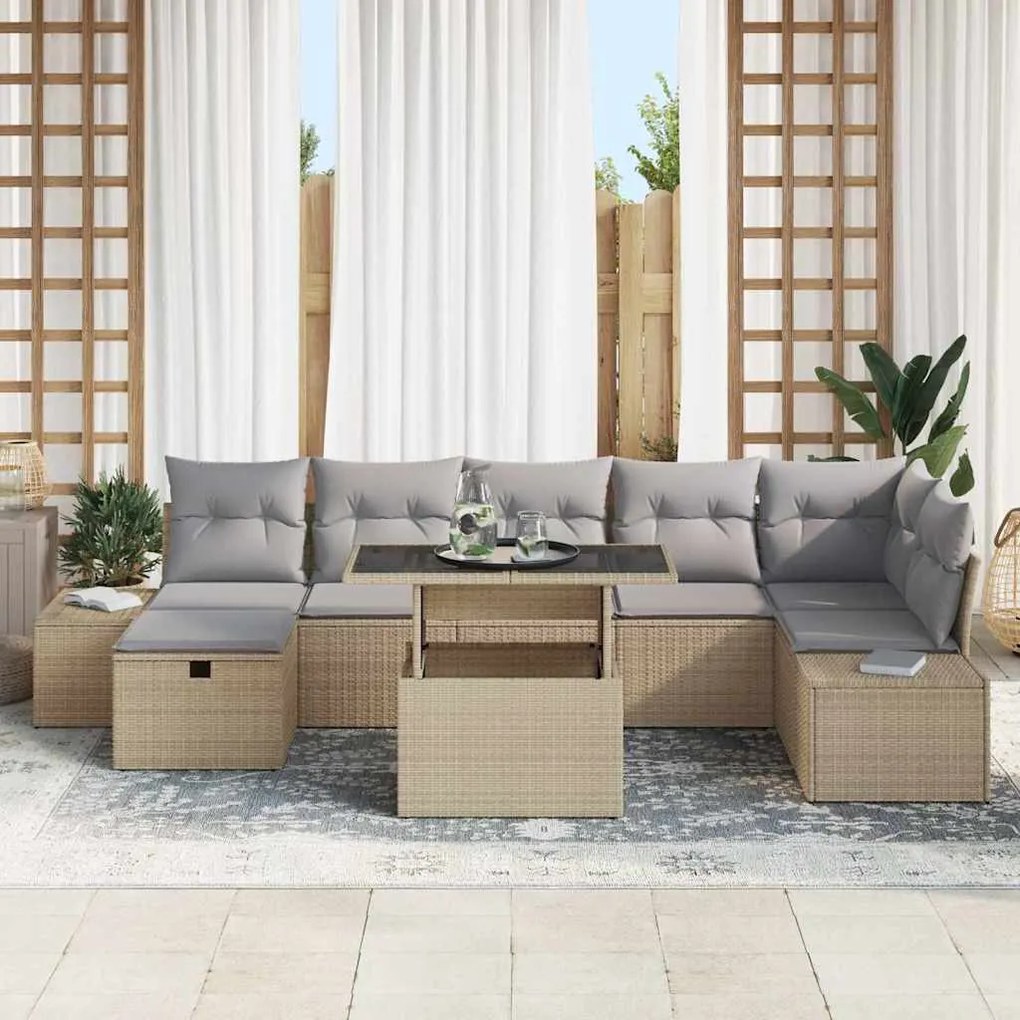vidaXL Σετ Καναπέ Κήπου με μαξιλάρι 8 pcs Μπεζ Πολυ ράταν