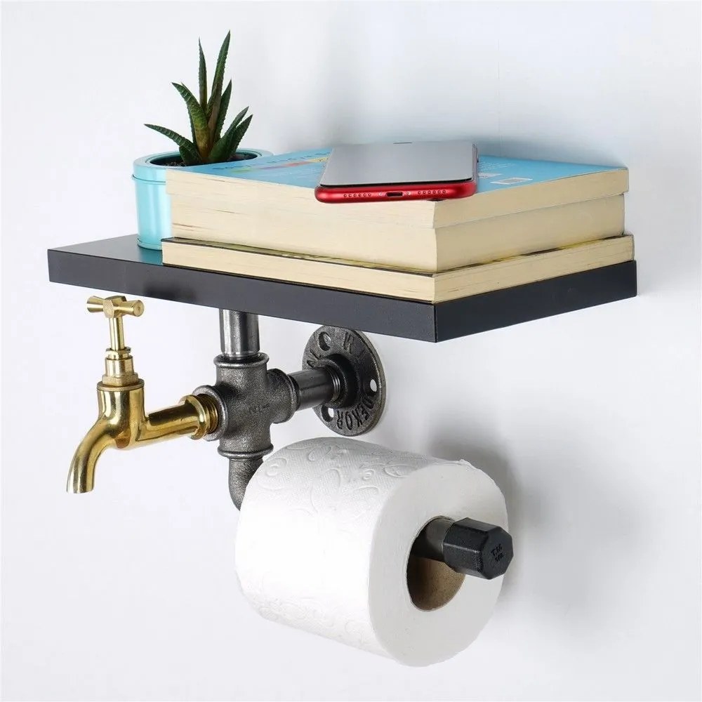 Χαρτοθήκη Μπάνιου Με Ράφι Boruraf240 268EVL1377 30x17x23 Black Kalune Design Mdf,Μέταλλο
