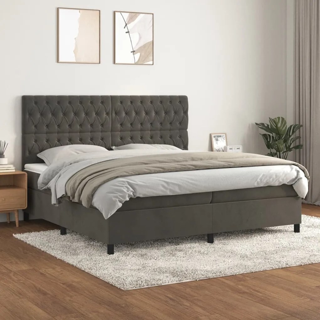 vidaXL Κρεβάτι Boxspring με Στρώμα Σκούρο Γκρι 200x200 εκ. Βελούδινο